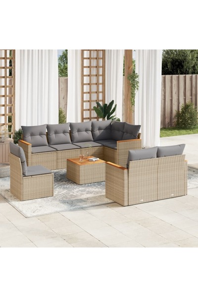 vidaxl Set canapele de gradina, 9 piese, cu perne, bej, poliratan