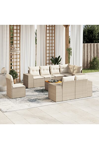 vidaxl Set canapele de gradina, 9 piese, cu perne, bej, poliratan