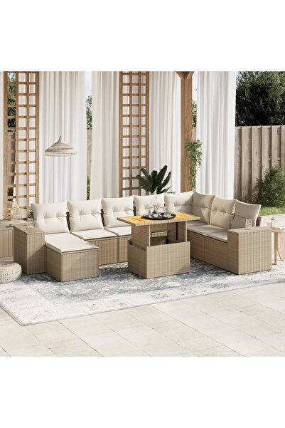 vidaxl Set canapele de gradina, 9 piese, cu perne, bej, poliratan