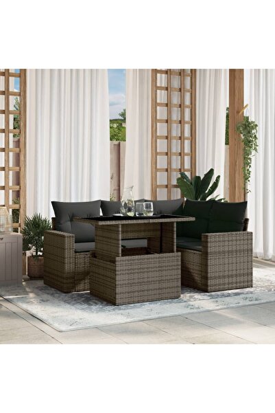 vidaxl Set canapea de gradina cu perne, 5 piese, gri, poliratan