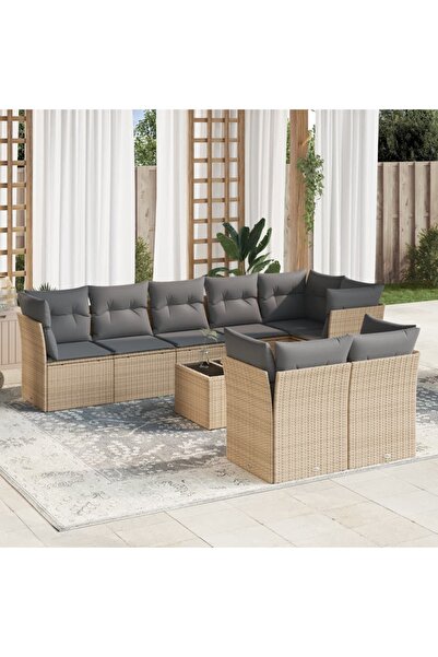 vidaxl Set canapele de gradina, 9 piese, cu perne, bej, poliratan