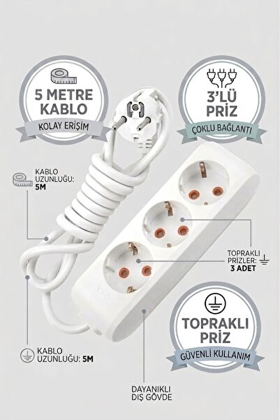 VESTA Concept 5 Metre 3'lü Grup Priz Topraklı Uzatma Kablosu - Isıya Dayanıkl...