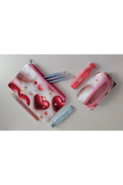 SevAte Handmade Set of 2 Heart Patterned Pen Holders/Makeup Bags&Zippered Min...