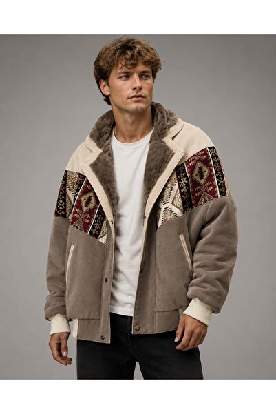 CANMODA (7974) Recien Unisex Fur Collar Vintage Aztec Jacket Oversize 90S Coa...