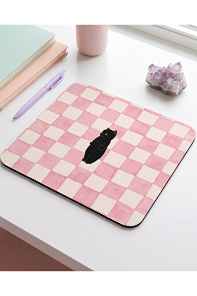 matizya Pembe Kareli Siyah Kedi Desenli Kare Mouse Pad Kaymaz Tabanlı Aesthet...