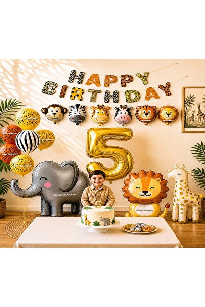 PARTİ AŞKI 5 Yaş Safari Temalı Konsept 7'li Doğum Günü Parti Balonu & Sevimli...