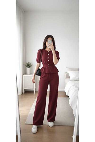 Moda Luvia Bisiklet yaka selanik örgülü beli gipeli triko pantolon takım