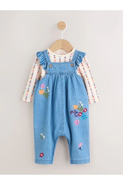 Next Baby Pamuklu Denim Çiçek Desenli Body Zıbın Salopet Set