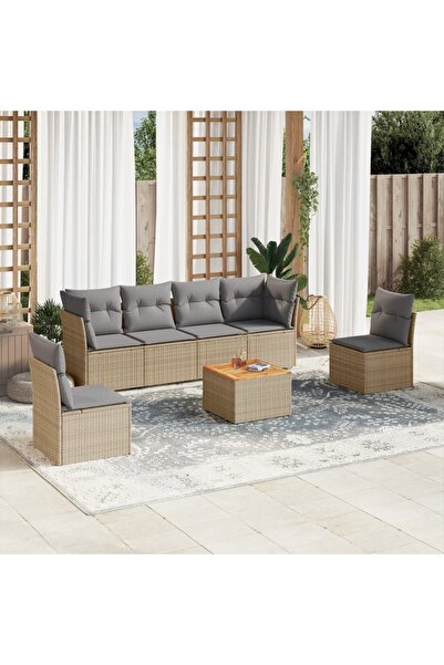 vidaxl Set canapele de gradina, 7 piese, cu perne, bej, poliratan