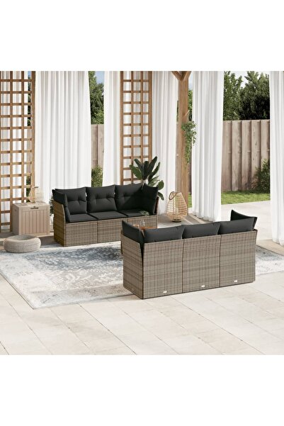 vidaxl Set canapele de gradina, 7 piese, cu perne, gri, poliratan