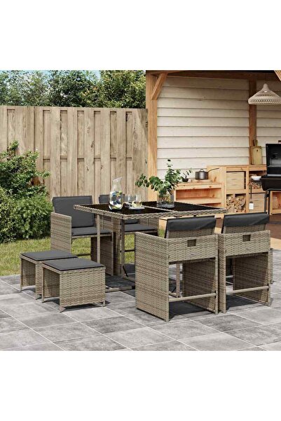 vidaxl Set mobilier gradina cu perne, 9 piese, gri, poliratan