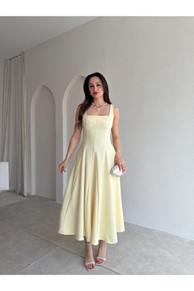 Mooi Butik Lavoi̇r Belted Midi Dress 5480 - Yellow