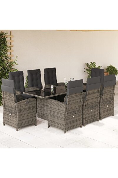 vidaxl Set mobilier gradina cu perne, 9 piese, gri, poliratan