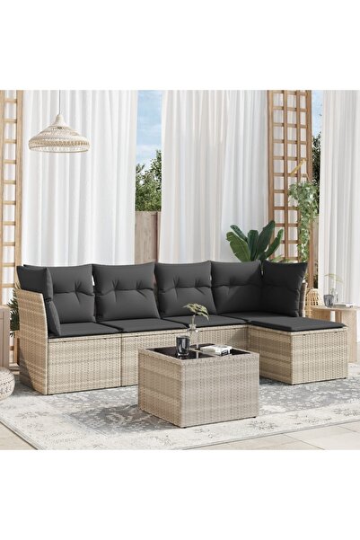 vidaxl Garden sofa set with cushions, 6 pieces, light grey, polyrattan