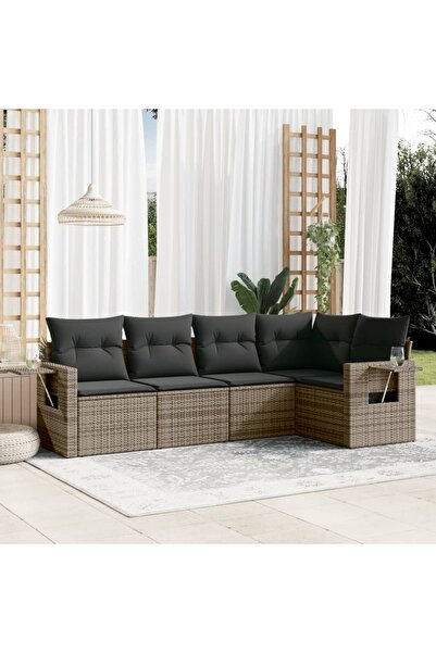vidaxl Garden sofa set with cushions, 5 pieces, grey, polyrattan