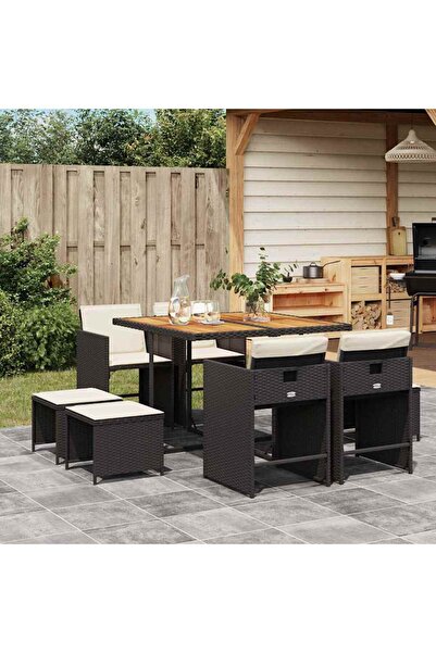 vidaxl Set mobilier de gradina cu perne, 9 piese, negru, poliratan