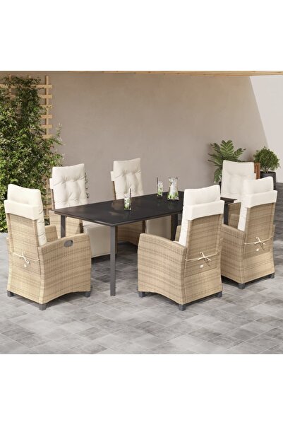 vidaxl Set de masa pentru gradina, 7 piese, cu perne, bej, poliratan