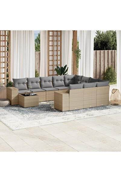 vidaxl Garden sofa set with cushions, 11 pieces, beige, polyrattan