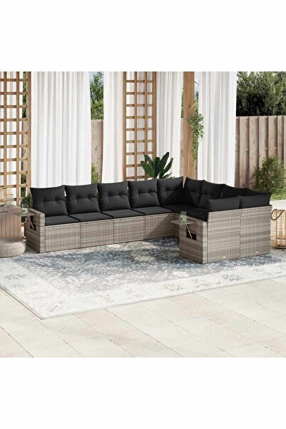 vidaxl Garden sofa set with cushions, 9 pieces, light grey, polyrattan