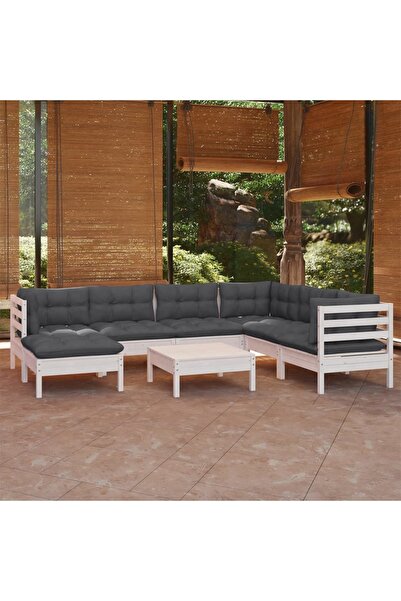 vidaxl Set mobilier de gradina cu perne, 8 piese, alb, lemn masiv pin