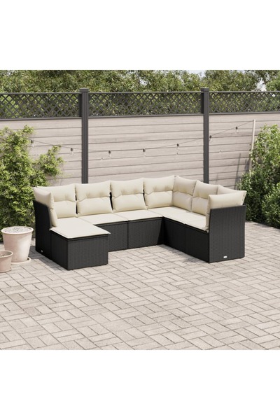 vidaxl Garden sofa set with cushions, 7 pieces, black, polyrattan