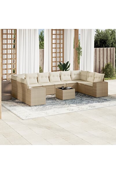 vidaxl Garden sofa set with cushions, 11 pieces, beige, polyrattan