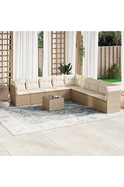 vidaxl Garden sofa set with cushions, 10 pieces, beige, polyrattan