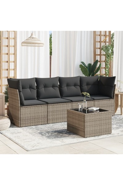 vidaxl Set canapea de gradina cu perne, 5 piese, gri, poliratan