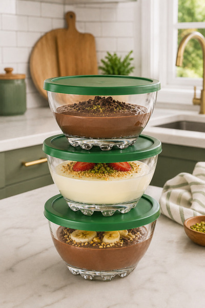 ZURİ DESİGN 3-Piece Pudding Bowl Set with Green Lids, Glass Dessert and Custa...