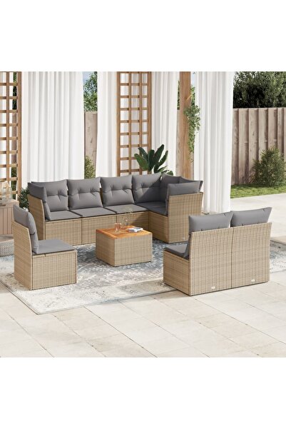 vidaxl Set canapele de gradina, 9 piese, cu perne, bej, poliratan