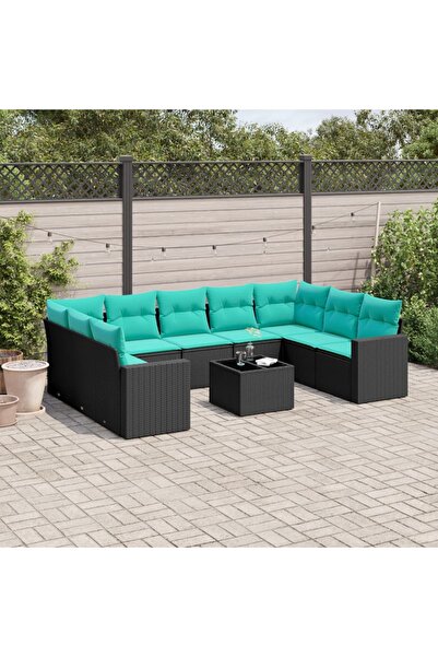 vidaxl Garden sofa set with cushions, 10 pieces, black, polyrattan