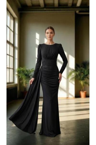 Generic Draped evening dress with long sleeves and side tail