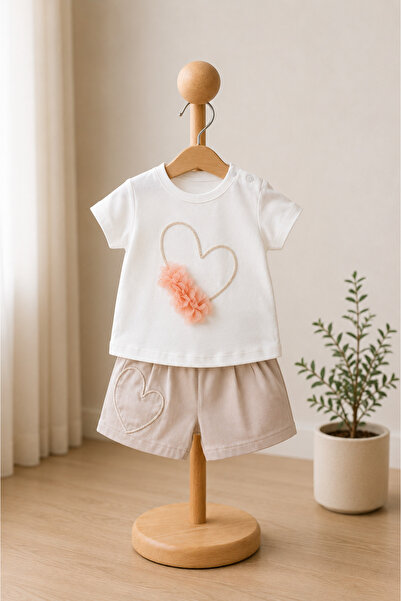 Minelia Kids Kız Bebek %100 Pamuk Kalp Detaylı Tişört ve Jean Şortlu 2'li Tak...