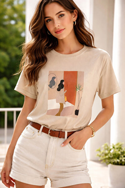 SANTAMİLA Beige Women's Figure Printed Oversize Tshirt
