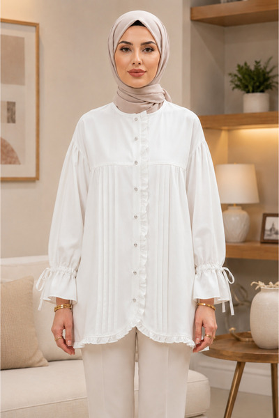 bellura Fırfır Detaylı Kolu Bağcıklı Taş Düğmeli Tunik