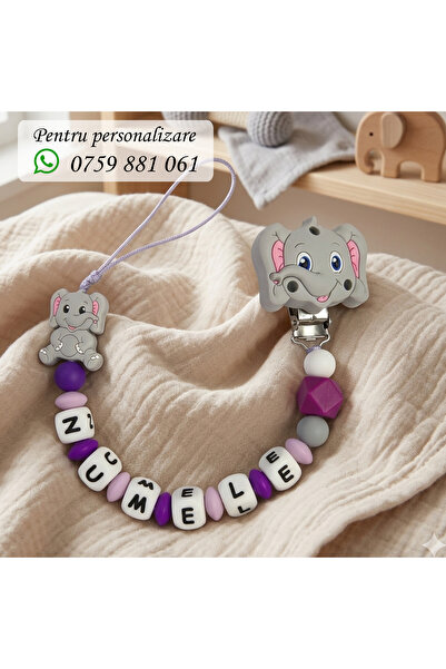 OEM Pacifier chain, personalized with baby's name, GREY ELEPHANT