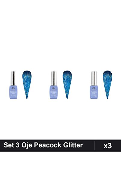 Makeup Set of 3 Semi-permanent Nail Polish Peacock Glitter 8ml, Shade 03, UV/...