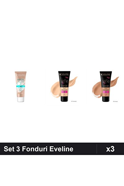 Makeup Set 3 Fonduri de Ten Eveline Cosmetics, Nuante Beige Porcelain Honey, ...