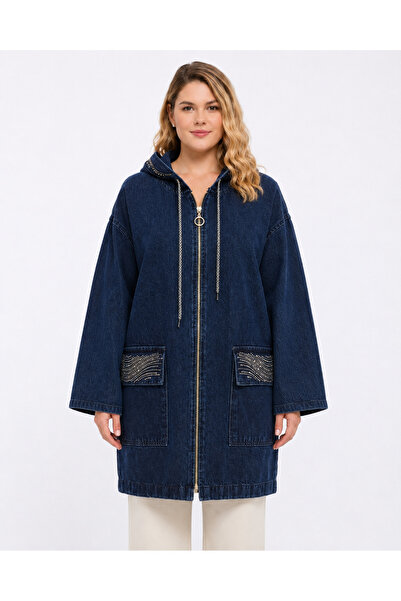 Şans Women's Plus Size Navy Blue, Stone Detailed, Zipper Closure, Hooded Rela...