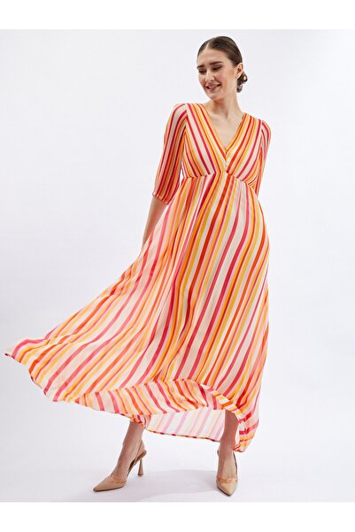 ORSAY Rochie maxi de damă în dungi, roz și portocalie