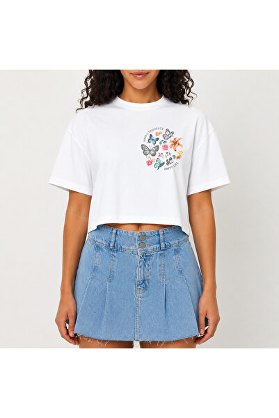 URBANTRENDSTORE Crop T-shirt με λευκό σχέδιο, άνετη εφαρμογή, ακατέργαστη κοπ...