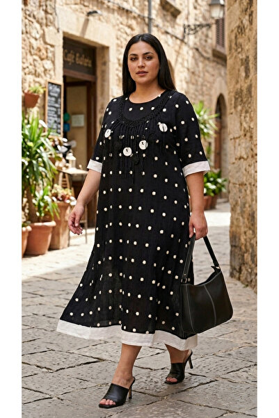 DARKWIN Plus Size Polka Dot Asymmetrical Cut Loose Dress Capri Sleeve Comfort...