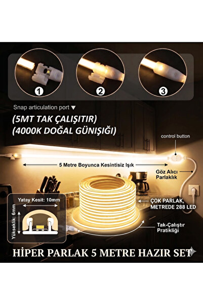 ECONA 5 METRE Neon Esnek Şerit Led DOĞAL GÜNIŞIĞI 4000K Işık Tak Çalıştır Tez...