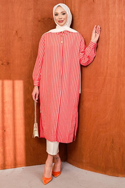 İmajButik Pomegranate Flower Striped Slit Long Tunic