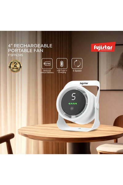 fujistar FSFN245 شاشة LCD قابلة لإعادة الشحن مقاس 4 بوصات، 4 واط، 1800 مللي أمبير، شحن USB 5 فولت، 5 سرعات
