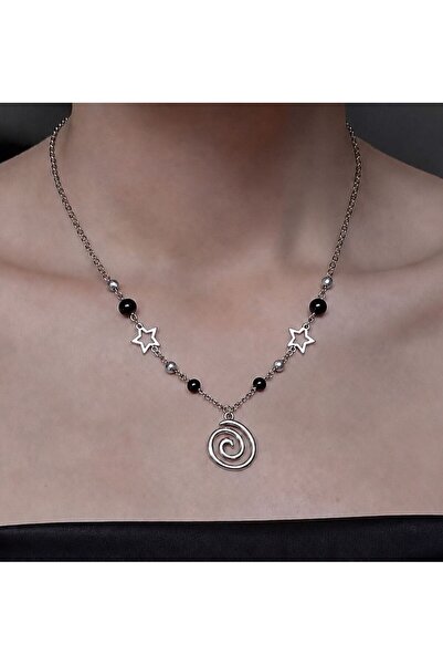 sleyshop Siyah Gri Boncuk Gotik Y2K Sarmal Spiral Vortex Kolye