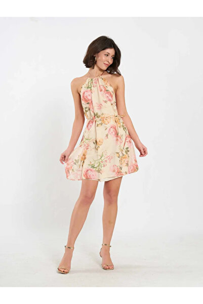 Caddebostan Moda Floral Pattern Halter Neck Mini Dress Backless Waist Tie Chi...