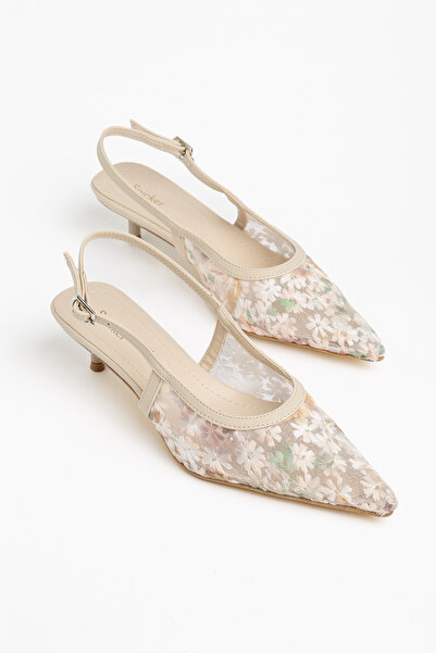 SNİCKER Embroidered Floral Design on Mesh, Pointed Toe, Short Kitten Heel Wom...