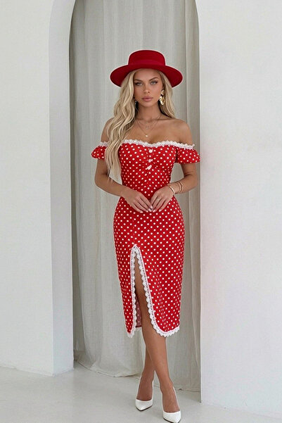Love Fab فستان ميدي أساسي منقط بفتحة على الكتفين