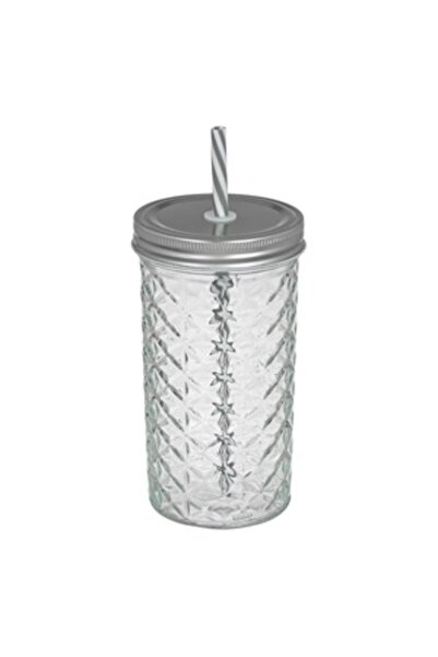 Zumzeria Transparent Glass Cup with Embossed Design, Metal Lid & Straw 600ml